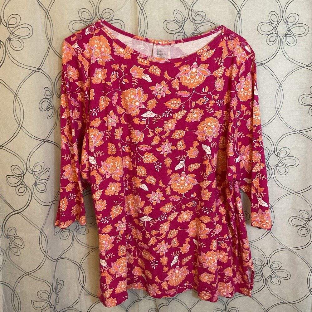 Women's Kim‎ Rogers Pink Orange Floral Top 3/4 Sleeve Size 3X